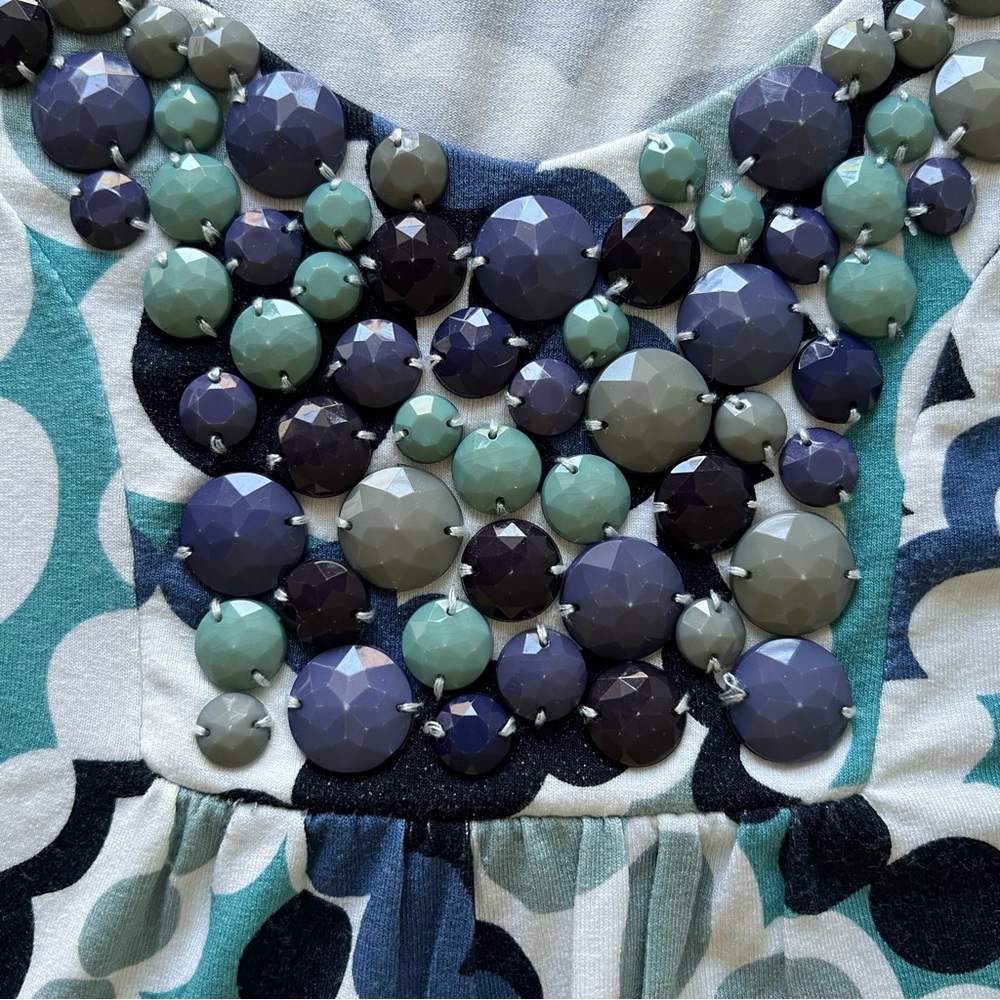 Boden Size US 8 Beaded V-Neck Dress Blue Teal Abstract Print Stretch Jersey - Picture 8 of 11